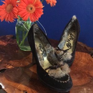 Naughty Monkey Fur-lined dark brown suede heels